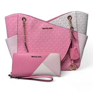 NWT BUNDLE Michael Kors Jet Set Travel Large Chain Shoulder Tote and Wallet Set